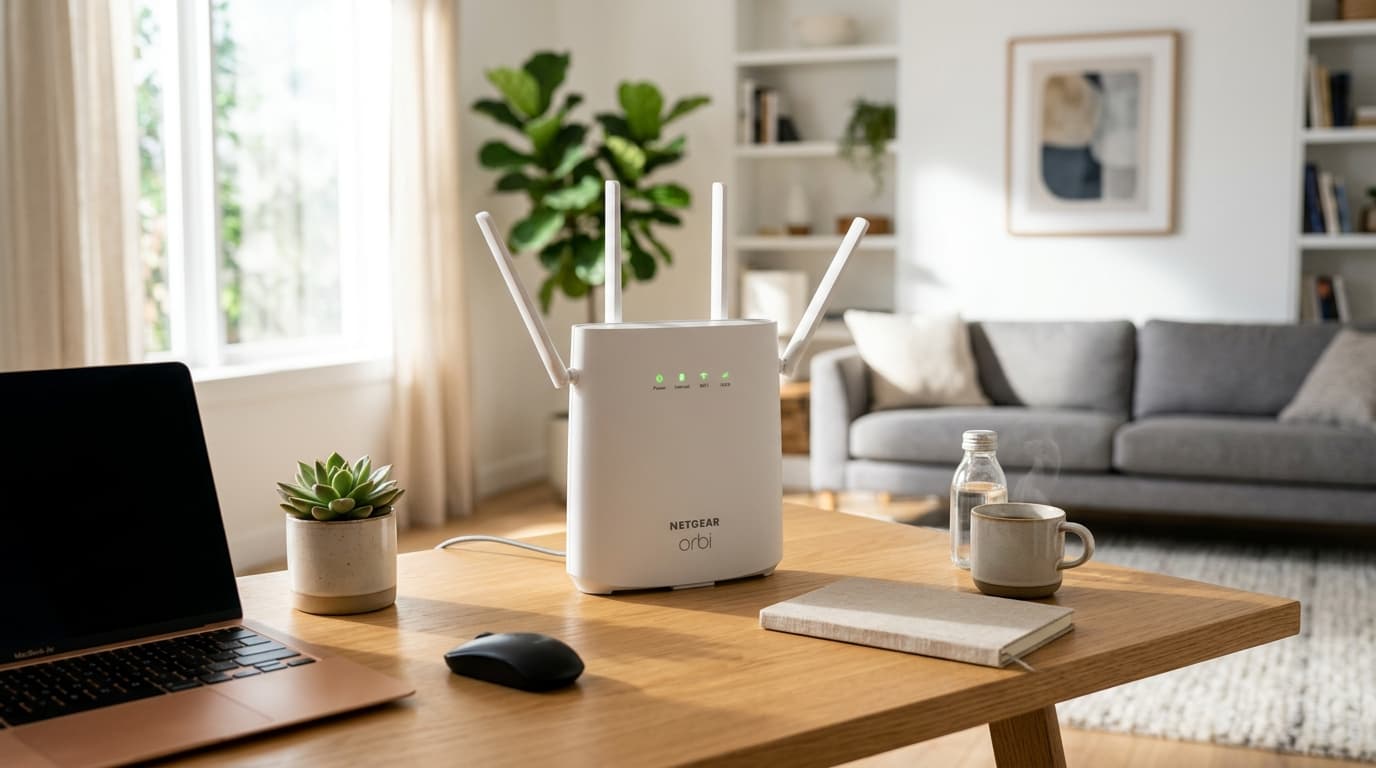 Wi-Fi 6 router set up in a bright modern living room for ViberNet AirFiber