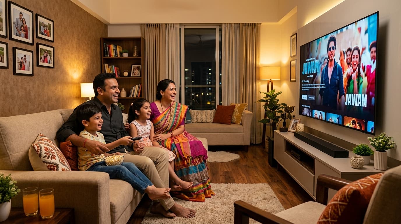 Family watching live TV and streaming apps on a smart TV with a ViberNet connection