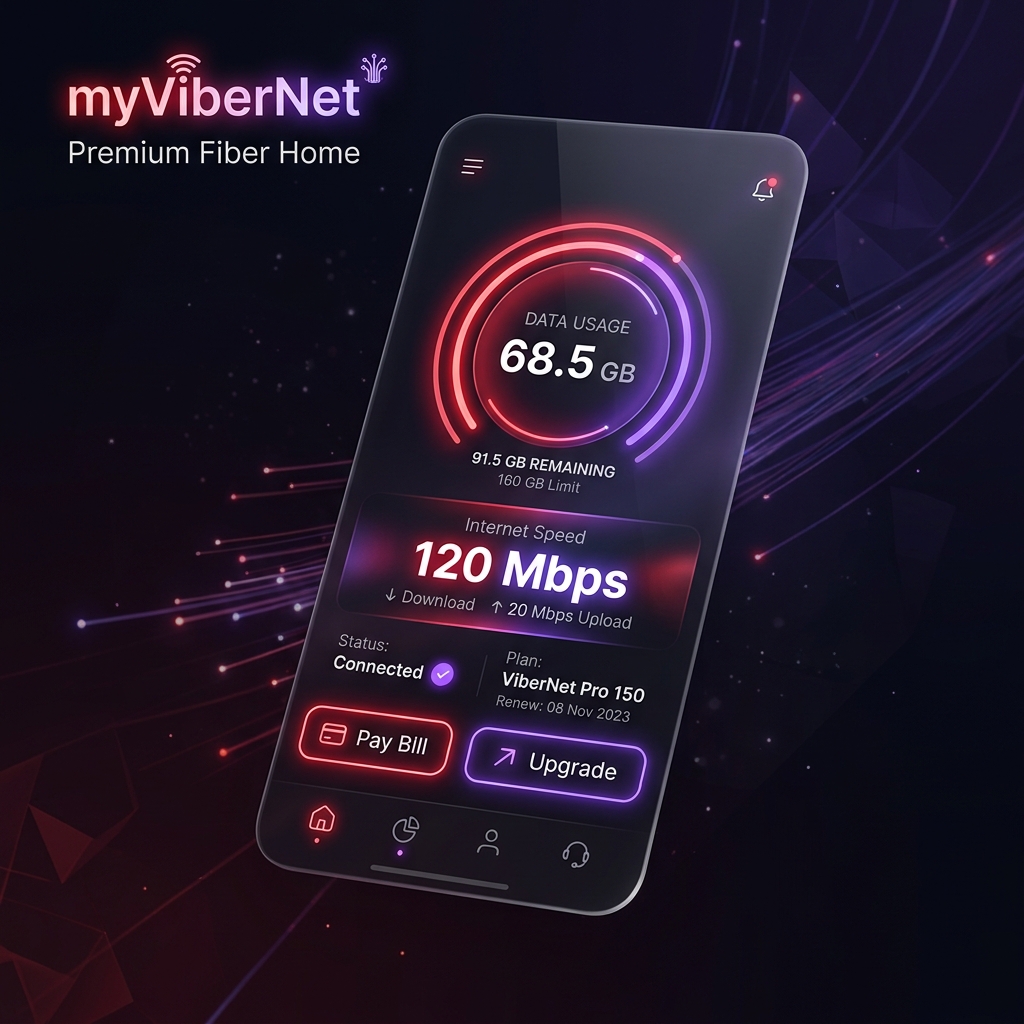 my ViberNet app screens showing account, recharge, and support